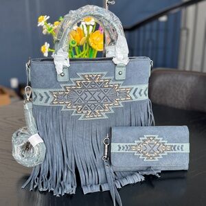Trinity Ranch Aztec Tooled Fringe Concealed Carry Tote/Crossbody + Wallet Navy